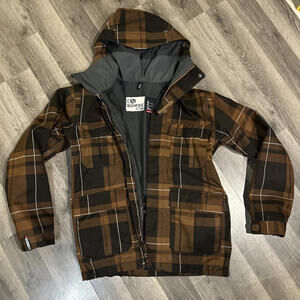 BONFIRE Men's Brown Black Plaid Snowboarding Full Length Jacket Coat Small